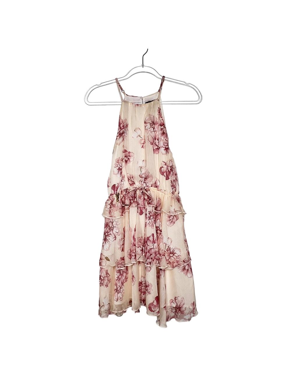 AAKAA Floral Halter Neck Ruffle Tiered Mini Dress Sleeveless Cream Pink Size S